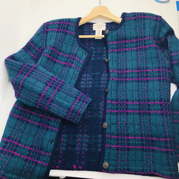 Vtg 90s SUSAN BRISTOL Dark Green Wool Button Up Plaid Cardigan Sweater S Women - Picture 5 of 5